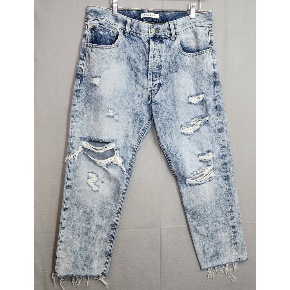 PacSun Men's Vintage Loose Crop Distressed Light Blue Denim Raw Hem Fringe Sz 34